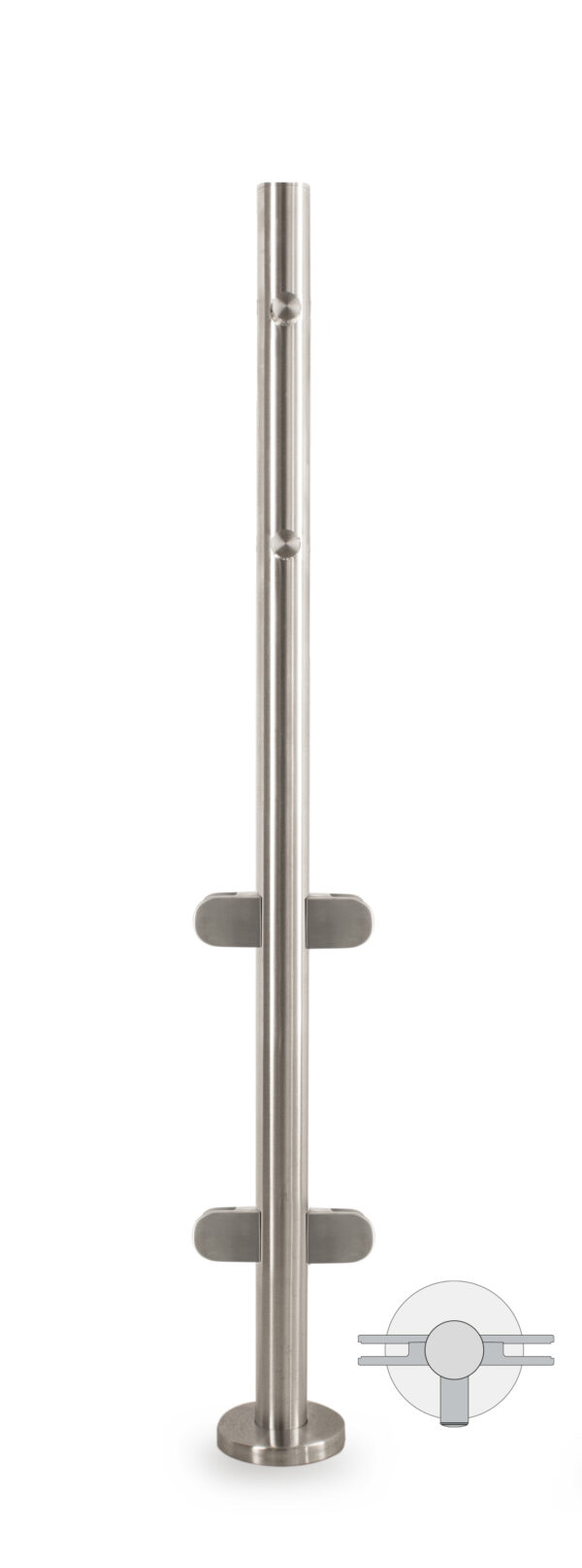 Poteau rond intermédiaire 0,90m avec 4 pinces verre et 2 supports de lisses
